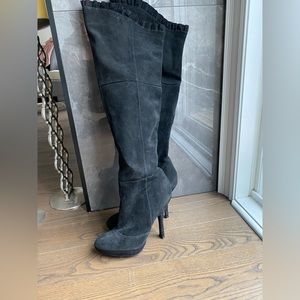 black over the knee ruffled top boots
